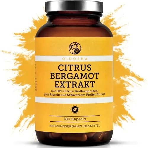 QIDOSHA® Citrus Bergamot Extrakt plus Piperin - 180 Kapseln im Apothekerglas - Pflanzliche Ergänzungsmittel, hochdosiert mit 1390 mg Citrus Bergamot Extrakt und 2 mg Piperin für optimale Bioverfügbarkeit, hergestellt in Deutschland und laborgeprüft.