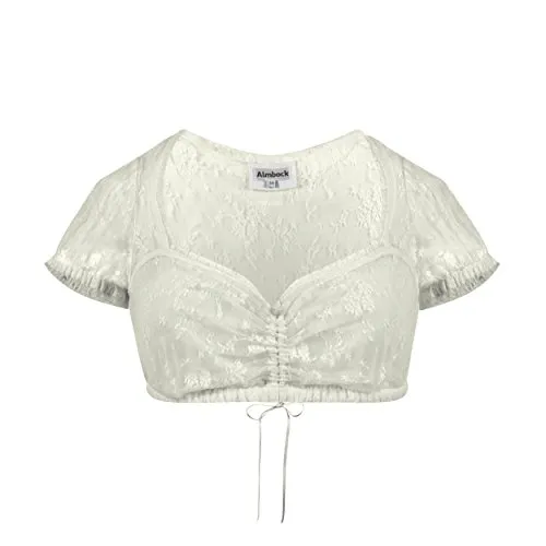 Almbock Dirndlbluse Spitze beige - Edle Dirndlbluse Creme Spitze mit Kurze Ärmel - Dirndlbluse Damen Spitze transparent 36 - Modell Daria