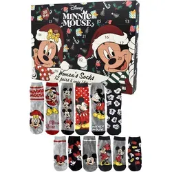 Disney Minnie Mouse Adventskalender mit 12 Paar Socken - Adventskalender mit 12 Paar Socken in Größe 35-41 für Damen, ideal für Minnie Mouse-Fans. Enthält 6 Paar Sneaker- und 6 Paar lange Socken, kuschelig warm und perfekt für die Vorweihnachtszeit.