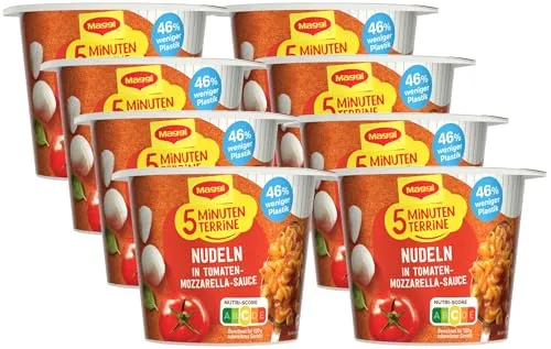 MAGGI 5 Minuten Terrine Nudeln in Tomaten-Mozzarella Sauce, leckeres Fertiggericht, Instant-Nudeln, mit Kräutern, 8er Pack (8 x 55g)
