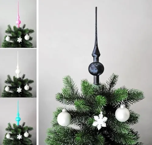 JACK Christbaumspitze Spitze Glas 28cm Eislack Glanz Matt Baumspitze Mundgeblasen Box, Farbe:Schwarz Eislack