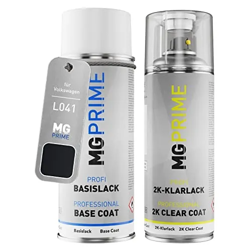 MG PRIME Autolack 2K Spraydosen Set für Volkswagen VW L041 / 041 / A1 Ebenholzschwarz/Pianoschwarz Basislack 2 Komponenten Klarlack Sprühdose