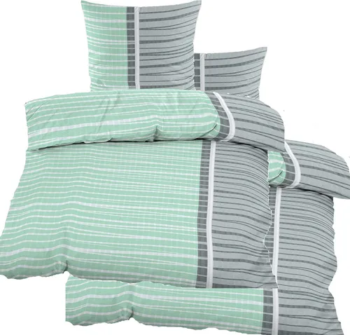 KH-Haushaltshandel 4-TLG. Seersucker Bettwäsche Set - Bettwäsche-Set in mintgrau mit Querstreifen, bügelfrei und aus hochwertiger Microfaser, ideal für einen erholsamen Schlaf.