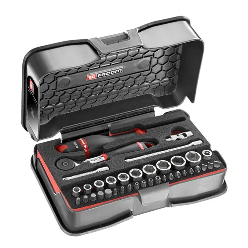 Facom Steckschlüsselsortiment 1/4 Zoll - 37 Teile - Werkzeug-Set mit 37 Teilen, inklusive Hochleistungs-Umschaltknarre und Schaumstoffauflage für optimale Ordnung und Übersicht im Koffer.
