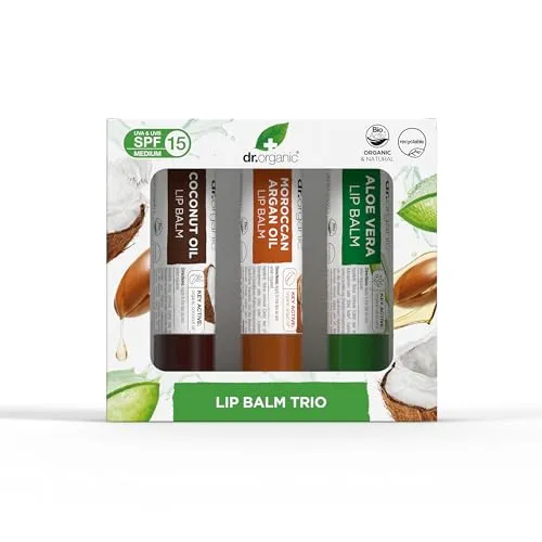 Dr Organic Lippenbalsam-Geschenkset, LSF 15, Verschiedene Mehrfachpackung mit Aloe Vera, Arganöl, Kokosöl, Vegetarisch, Tierversuchsfrei, Paraben- & SLS-frei, Bio, 5.7ml