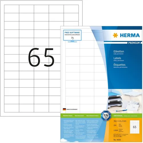 HERMA 4606 Universal Etiketten, 1600 Blatt, 38,1 x 21,2 mm - Selbstklebende, matt-blanko Etiketten für alle Drucker geeignet. Hochwertige Qualität sorgt für einwandfreie Druckergebnisse und einfache Handhabung. Ideal zum Beschriften und Organisieren.