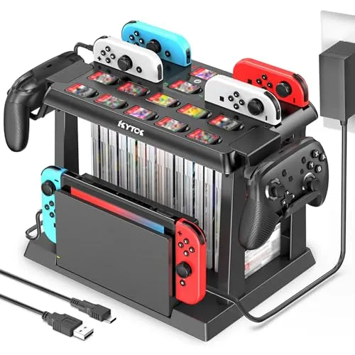 Kytok Switch Aufbewahrung mit Ladestation für Joycons - Ladegeräte für Nintendo Switch mit Platz für 28 Spiele und 2 Pro-Controller, sorgt für Ordnung und schnelles Aufladen in nur 2 Stunden.