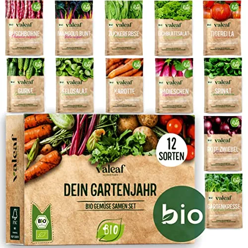 Produktbild valeaf BIO Gartenjahr Samen Set I Gemüsesamen das ganze Jahr I 12 Monate Samen Gemüse I Gemüsesamen Set für Hochbeet, Balkon und Garten I Samen Set mit Gemüse Saatgut I 12er BIO Pflanzensamen Set