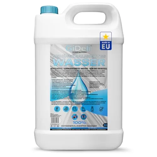 GiDeli Demineralisiertes Wasser 5L Destilliertes Wasser für Bügeleisen, Batterien, Kühler, Luftbefeuchter, Aquarium & Labor Wasser ohne Kalk, geruchlos, klar