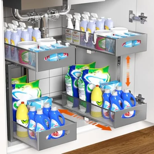Housolution Spülschrank Organizer Ausziehbar, 2 Etagen Metall Unter Waschbecken Regal Spülenunterschrank Organizer, Unter Spüle Unterschrank Waschbeckenunterschrank Organizer, 2 Stück, Grau