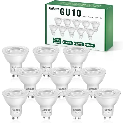 Tailcas GU10 LED Warmweiss, 5W LED Lampe Ersetzt 50W Glühbirne, 500LM 3000K GU 10 Lampen Warmweiß, Nicht Dimmbar LED Leuchtmittel GU10 Strahler, 38°Abstrahlwinkel Reflektorlampen,10 Stück