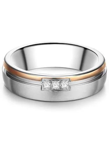 Trilani Damen Ehering Edelstahl silber/rosevergoldet Zirkonia im Brilliantschliff Partnerring Bandring breit Edelstahlring Trauring