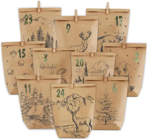 Adventskalender zum Befüllen - 24 Weihnachtskalender Tüten - PANSIBY Adventskalender - Kreatives DIY Set mit 24 dekorativen Kraftpapiertüten im Weihnachtswald Design. Ideal für persönliche Überraschungen und festliche Vorfreude auf Weihnachten.