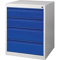 Schubladenschrank BK 600 H800xB600xT600mm grau/blau - Werkstatteinrichtung mit robuster Stahlblechkonstruktion, 4 Schubladen mit 90% Auszug und 80 kg Tragfähigkeit, ideal für effizientes Arbeiten.