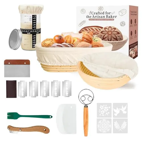 KOMTWNM Sauerteig Set mit 2 Gärkörbchen Rund & Oval, 10-Teiliges Brotbackset aus Rattan, Sauerteig Starter Set mit Gärglas Teigschaber Brotmesser, Brotbacken Zubehör