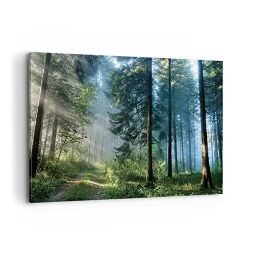 Wandbilder Dekoration Wohnzimmer Wald Dämmerung die Sonne Bilder auf Leinwand 120x80cm Leinwandbild Schlafzimmer Küche Deko Wand Kunstdruck Art Groß XXL Wanddeko Bild Wall Decor Canvas AA120x80-4398