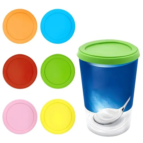 Stück Joghurt Deckel 500g, Wiederverwendbarer Silikondeckel Joghurtbecher, Langlebig und Auslaufsicher, Rundschreiben Deckel für Joghurtbecher, Joghurtdeckel für 150-500g Joghurtbecher (6 Farben) 6