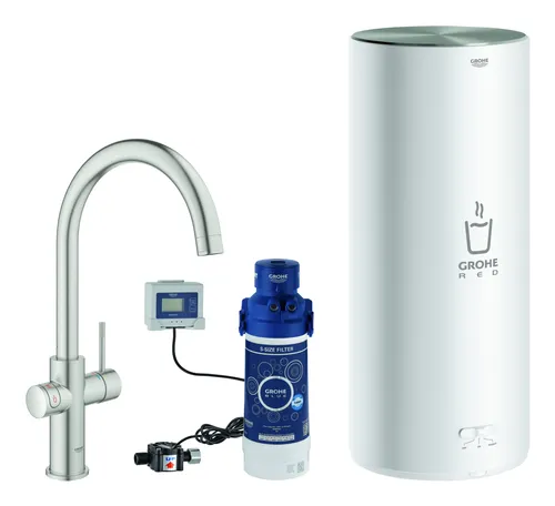 Grohe Red Duo Spültischarmatur mit C-Auslauf und Boiler Größe L - Supersteel - Küchenarmaturen mit integrierter Heißwasserfunktion, ideal für schnellen Zugang zu heißem Wasser beim Kochen und Zubereiten.
