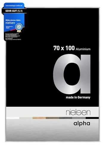 nielsen Bilderrahmen, 70 x 100 cm, Aluminium, Silber matt, Posterrahmen zum Aufhängen im Hoch- & Querformat, Echtglas, Alpha