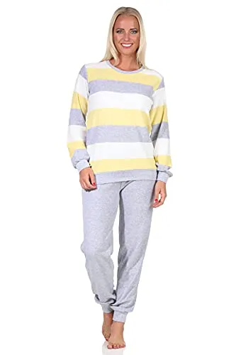 Normann Damen Frottee Pyjama lang mit Bündchen in Streifenoptik, Farbe: Gelb, Größe: 36-38 - Kuschelweicher Frottee-Pyjama für kalte Nächte. Mit eleganten Streifen und praktischem Bündchen für mehr Komfort. Auch in großen Größen erhältlich! Hochwertige Materialien für ein angenehmes Tragegefühl.