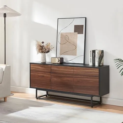 [en.casa] Sideboard Boxholm Lowboard Wohnzimmer Mehrzweckschrank mit 3 Türen Push-to-Open Kommode 120 x 30 x 55 cm Metallgestell verstellbar Schwarz/Walnussoptik