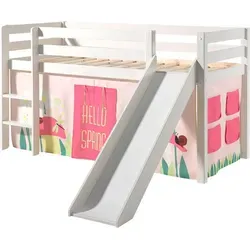 Kinderbett Karolina mit Rutsche aus Massivholz in Weiß - Modernes Spielbett mit Rutsche und Textilset 'Spring', ideal für kreative Kinderzimmer. Stabil gefertigt aus Massivholz für eine sichere Liegefläche von 90x200 cm. Einfache Selbstmontage mit Anleitung.