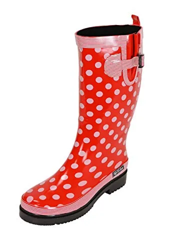 MADSea Ocean High Gummistiefel mit weißen Punkten - Stylische Damen Gummistiefel mit rutschfester Profilsohle, ideal für Stadt, Strand und Garten. Die kälteisolierende Einlegesohle und seitliche Zierschnalle bieten Komfort und Eleganz.