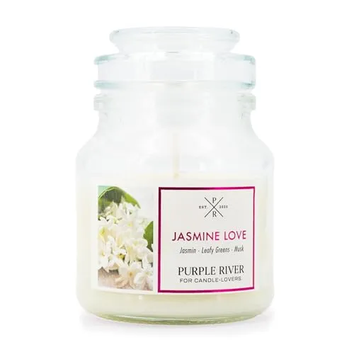 Purple River kleine Duftkerze im Glas mit Deckel | Jasmine Love | Duftkerze Jasmin | Sojawachskerze | Raumduft für Zuhause | Geschenke für Frauen