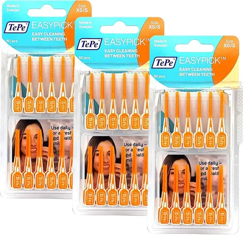 TePe Easy Pick XS/S orange - Interdentalbürsten für empfindliche Zähne - 3x 60 Stück Interdentalbürsten für die sanfte Reinigung zwischen den Zähnen. Ideal für empfindliche Zähne, mit weichen Borsten und ergonomischem Griff für eine mühelose Anwendung.