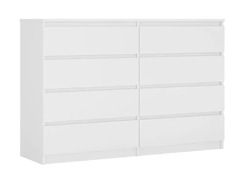 3E 3xE living.com Kommode mit 8 Schubladen 138 cm, Farbe: Weiss Matt, H: 102 cm, B: 138 cm, T: 39 cm