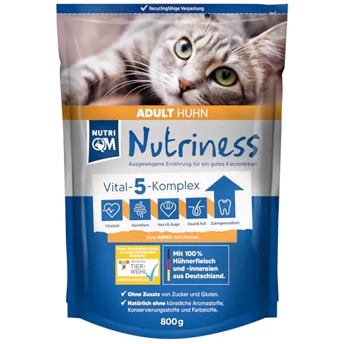 NutriQM® Nutriness Adult Katzenfutter Trocken Huhn [800 g] – Ohne Gluten & Zucker – Single Protein - Trockenfutter für ausgewachsene Katzen – Mit 46 % Huhn – Tierwohl Zertifiziert – Made in Germany