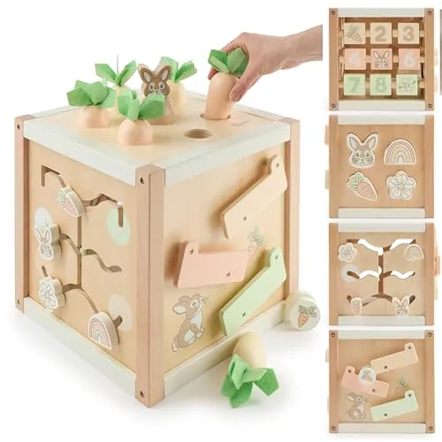 Bieco Motorikwürfel Hase Fine XXL aus nachhaltigem Holz - Vielseitiger Activity Würfel für Babys ab 1 Jahr mit Kugelbahn, Steckspielen und Zahlentafeln. Fördert spielerisch Feinmotorik und Hand-Auge-Koordination.