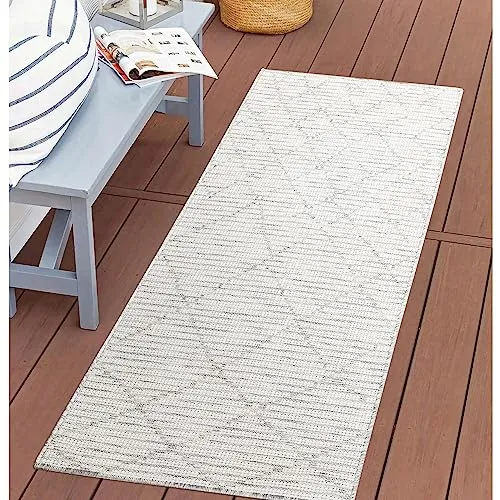 carpet city Outdoor Teppich Terrasse Wetterfest - 80x150 cm - Balkonteppich Grau - Raute-Optik - In-& Outdoor Teppiche für Veranda, Garten, Küche, Bad oder Wohnzimmer