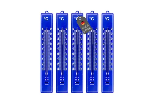 Lantelme Raumthermometer 5 Stück Set Auswahl Farben Kunststoff Thermometer Innen Garten Außen, 5-tlg., 5 Stück Thermometer im Set, Deutsche Herstellung, 17cm, Temperatur -30 bis +50 °C Analog