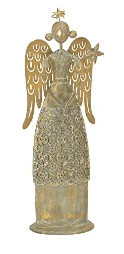 ETC nostalgischer dekorativer ausgefallener Deko Engel mit 2 Dutts und Sternenstab Shabby grau mit Champagner-Gold antike Optik