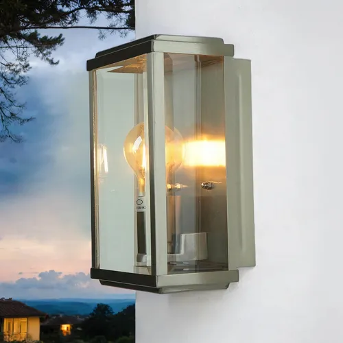 Zeitgenössische Wandleuchte Box E27 - Satin Silber - Elegante Wandleuchte in satiniertem Silber mit klaren Glasscheiben. Ideal für Außenbereiche, spritzwassergeschützt (IP44) und sorgt für eine warme Atmosphäre.