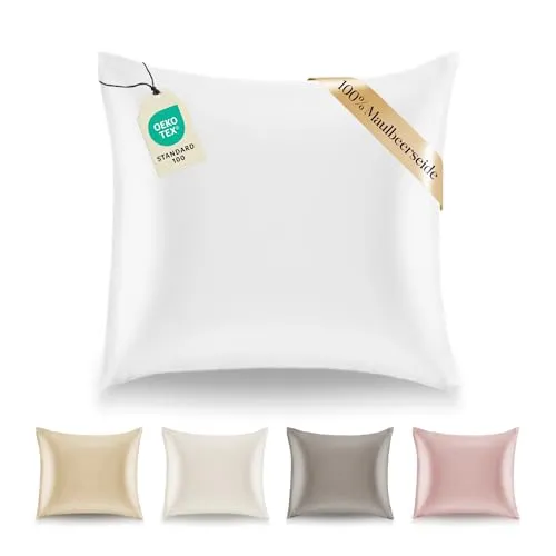 Dreamzie Kissenbezüge Seide - 65x65 cm - Gewicht 19 Momme 100% Reine Maulbeerseide Doppelseitig - Seidenkissenbezug für Haar und Haut, Anti-Aging, Anti-Bettwanzen - Weiß