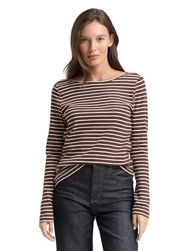 TOM TAILOR Damen Langarmshirt 1047730 - Stylisches Langarmshirt mit U-Boot-Ausschnitt aus weicher Baumwoll-Elasthan-Mischung für optimalen Tragekomfort. Ideal für lässige Outfits, in Regular Fit und mit gestreiftem Design.