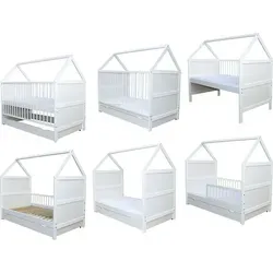 Babybett Kinderbett Haus 140x70 cm mit Matratze und Schublade - Weiß - Flexibles 3-in-1 Kinderbett aus massivem Kiefernholz, ideal für Kinder von 0 bis 6 Jahren. Mit höhenverstellbarem Lattenrost und herausnehmbaren Gitterstäben für optimale Sicherheit und Nutzung.