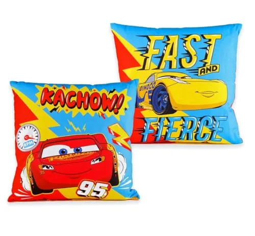 JACK Renforcé Kissen 40x40cm inkl. Füllung Dekokissen Cars Cachow Fast and Fierce Rennauto Disney Blau Rot Gelb