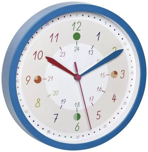 TFA Wanduhr Tick und Tack Quarzuhr, Ø 30,8 cm, lautlos, blau - Wohnaccessoires: Lernziffernblatt mit bunten Markierungen erleichtert Kindern das Uhrzeitverständnis. Geräuschloses Quarzuhrwerk, ideal für Kinder- und Klassenzimmer.