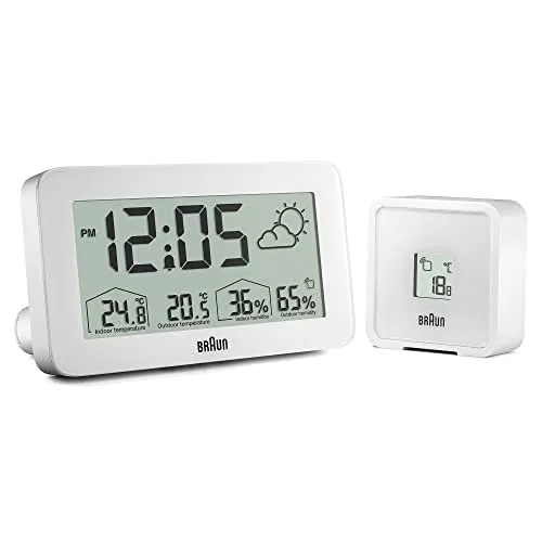 Braun BC13WP digitaler Wecker mit Wetterstation - Wecker mit integrierter Wetterstation, bietet präzise Zeit- und Temperaturanzeige, ideal für einen optimalen Start in den Tag.