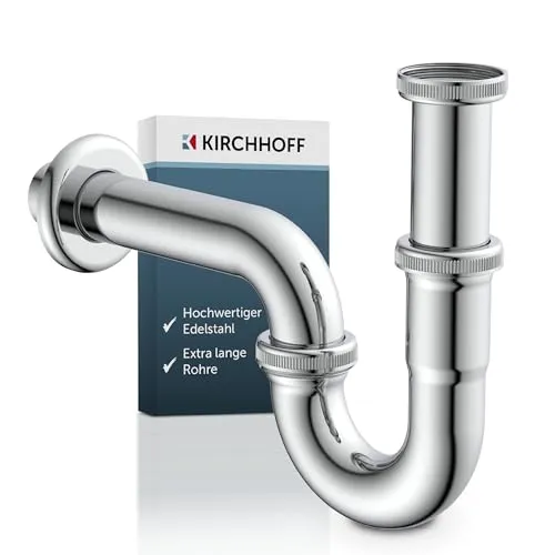 KIRCHHOFF Siphon Waschbecken PLUS, Siphon mit extra langem Abflussrohr und Tauchrohr, Universal Syphon mit Standardanschlussmaßen 1 1/4