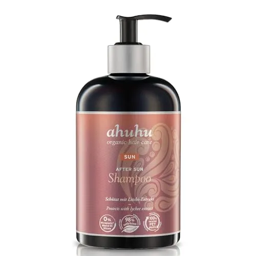 ahuhu SUN After Sun Shampoo (500ml) - Vegan Pflege für sonnenverwöhntes Haar - Shampoos für nach dem Sonnenbaden, mit Bio-Kokoswasser und Litschi-Extrakt für intensive Feuchtigkeit und Farbbrillanz. Ideal gegen Chlor- und Salzwasser-Rückstände.
