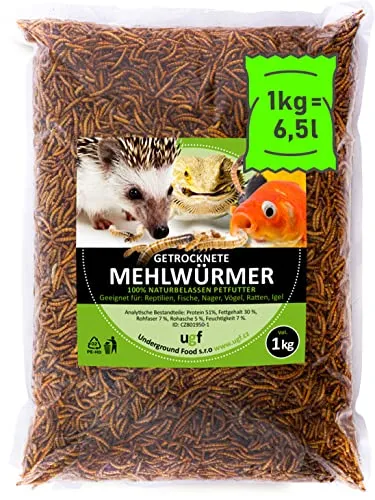 UGF - Premium Mehlwürmer getrocknet 1 Kg, Insekten Snacks für Vögel, Hamster, Igel, Nager, Eidechsen, Schildkröten - ohne Konservierungsmittel und Farbstof