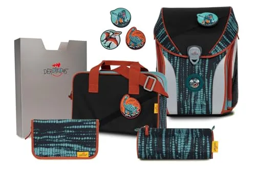 ErgoFlex Max Buttons Schulranzen-Set 5tlg. - DerDieDas - 5-teiliges Schulranzen-Set mit festem Korpus, ergonomischem Tragekomfort und individuell anpassbaren Buttons für mehr Abwechslung. Leichtgewicht von nur 950g und geprüft von der Aktion Gesunder Rücken e.V.