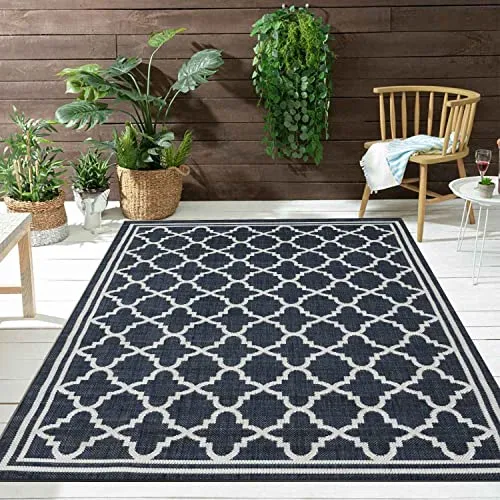 Produktbild VIMODA Teppich In- und Outdoor Flachgewebe Terrasse Balkon Wetterfest Wintergarten Robust Marokkanisch geprägtes Design,Maße:60x100 cm;Farbe:Blue