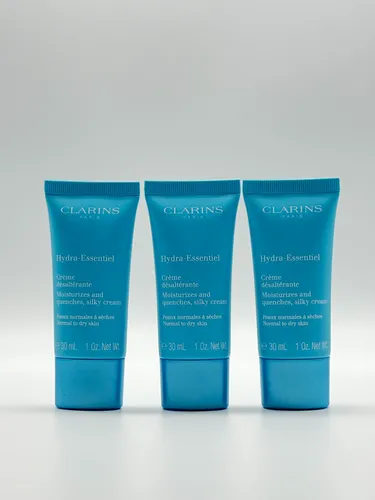 Clarins Hydra Essentiel Feuchtigkeitscreme 3x30 ml - Veganer Feuchtigkeitsspender für trockene Haut. Ideal für Gesicht, Dekolleté und Hals. Set mit 3x30 ml für langanhaltende Pflege.