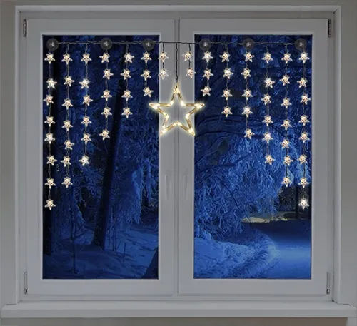 LED Sternenvorhang Lichterkette mit 71 Sternen 1,35 m (76045) - Moderne Fensterdeko für Weihnachten, 71 leuchtende Sterne sorgen für festliche Stimmung. Ideal für stimmungsvolle Beleuchtung in jedem Raum.