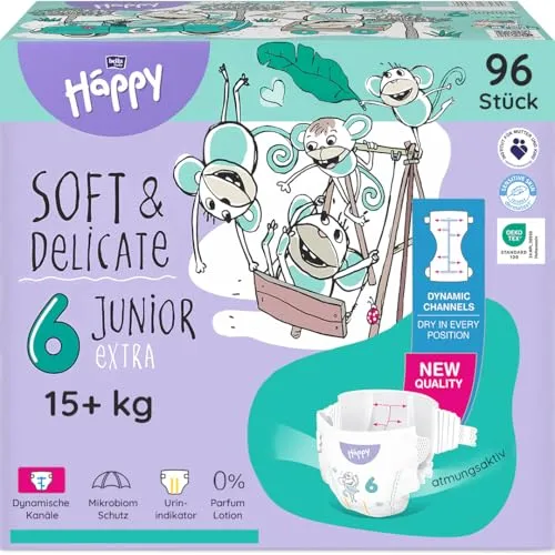 bella baby Happy Premium Windeln Größe 6 Junior Extra 15+ kg 96 Stück, DERMATEST & OEKO TEX Siegel, Babywindeln Einweg